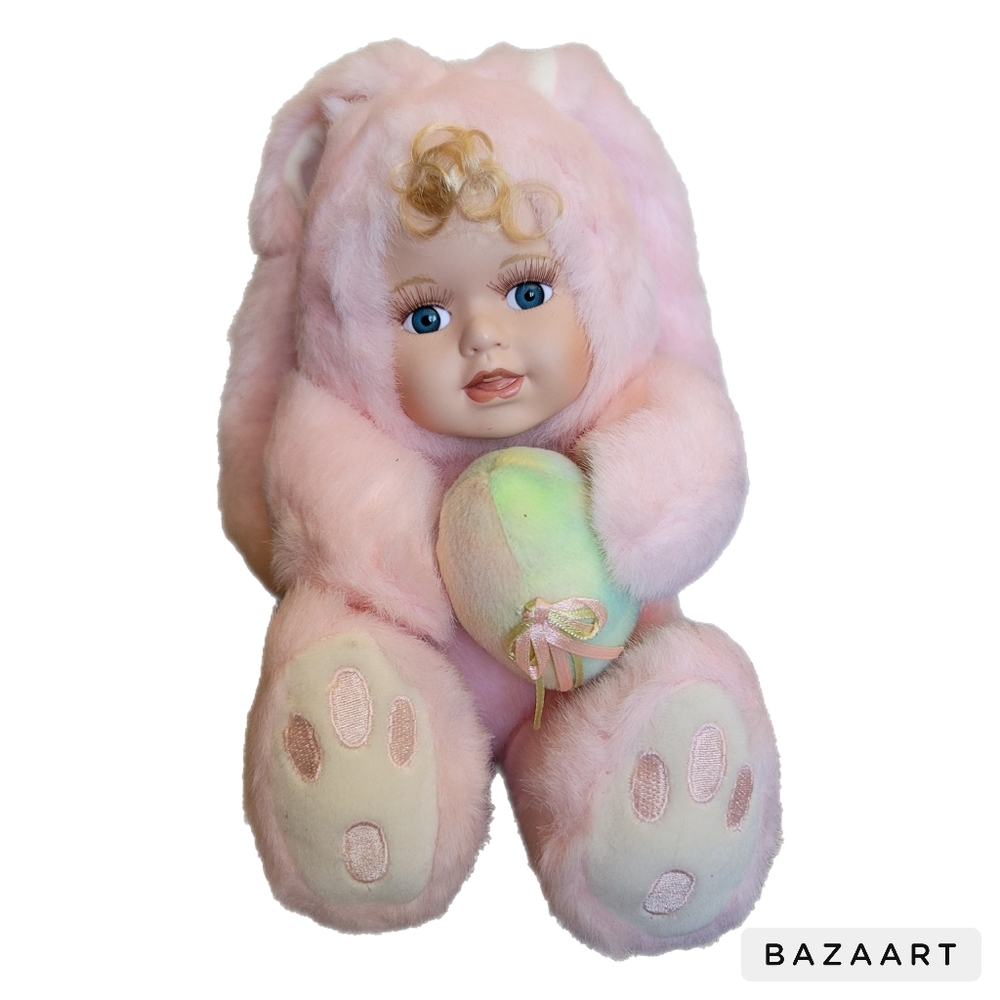 Vintage Baby Bunny Plush Porcelein Face Stuffed Animal Collectible Chinda Gifts
